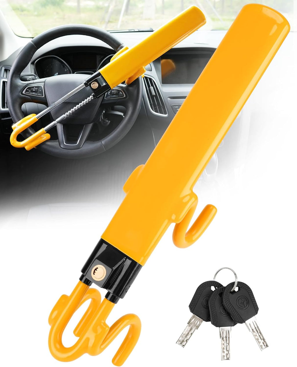 Cerradura para volante Tevlaphee: dispositivo antirrobo resistente y cerradura de seguridad para automóvil con cierre ajustable y 3 llaves. Excelente disuasión para vehículos y camiones (amarillo). 