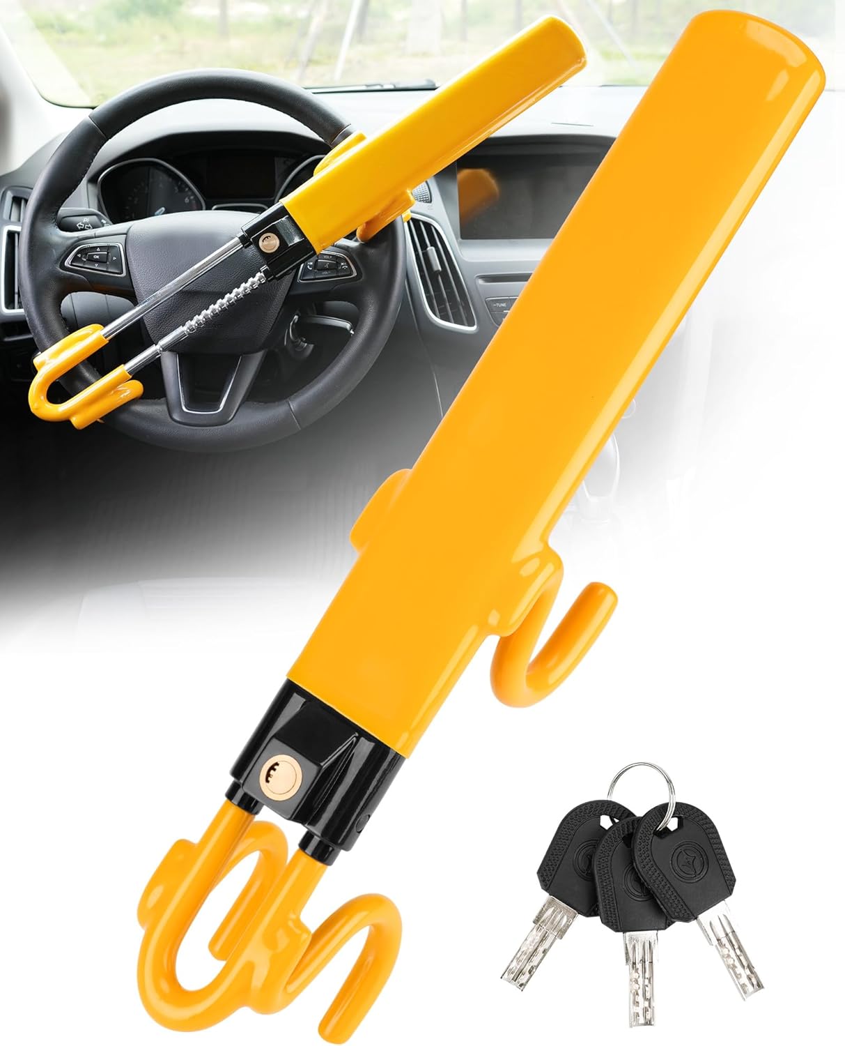 Cerradura para volante Tevlaphee: dispositivo antirrobo resistente y cerradura de seguridad para automóvil con cierre ajustable y 3 llaves. Excelente disuasión para vehículos y camiones (amarillo). 