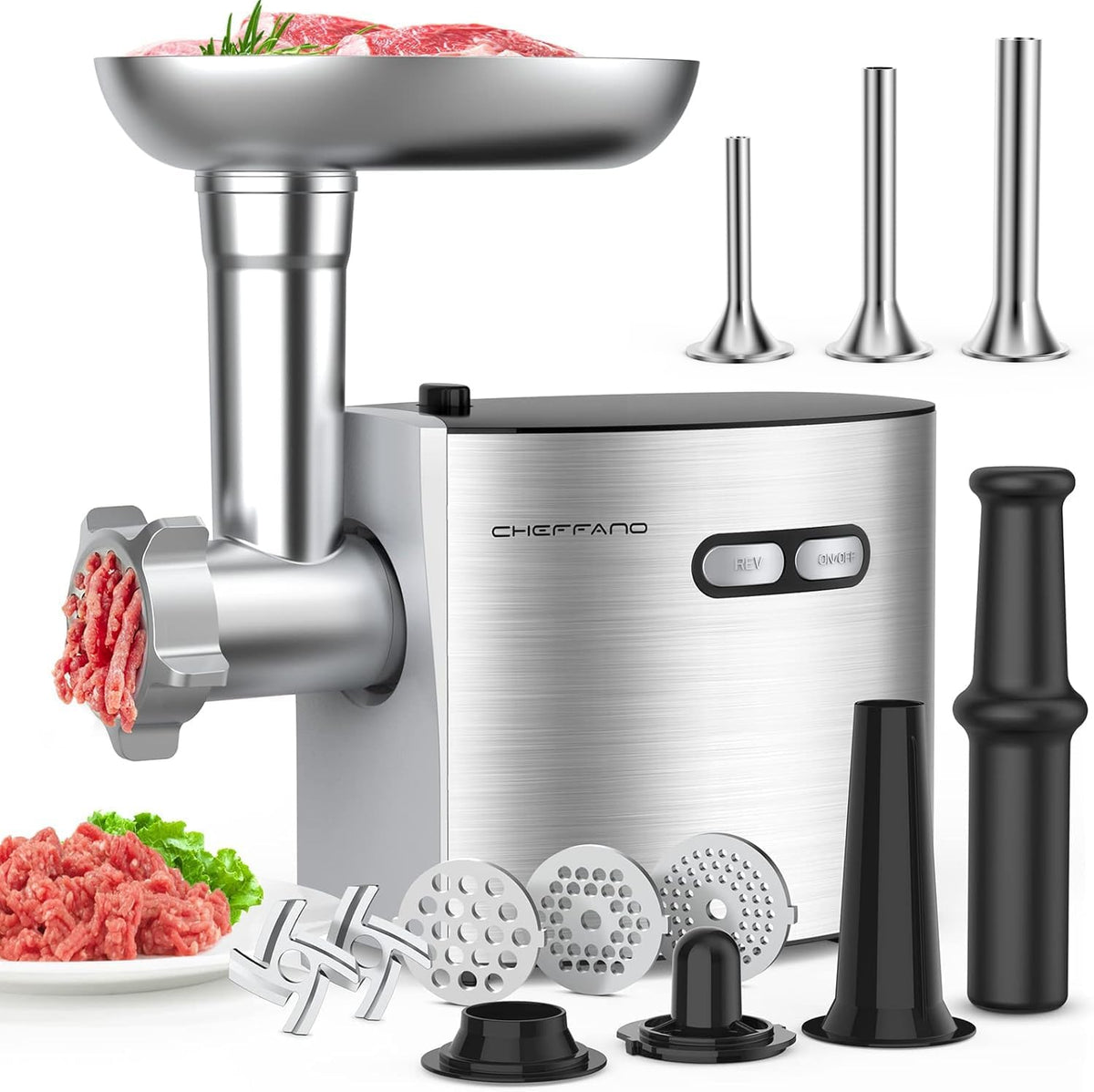 FALTA UNA CUCHILLA Y UNA PLACA - Picadora de carne eléctrica CHEFFANO 2600 W con kit para embutidos y kubbe