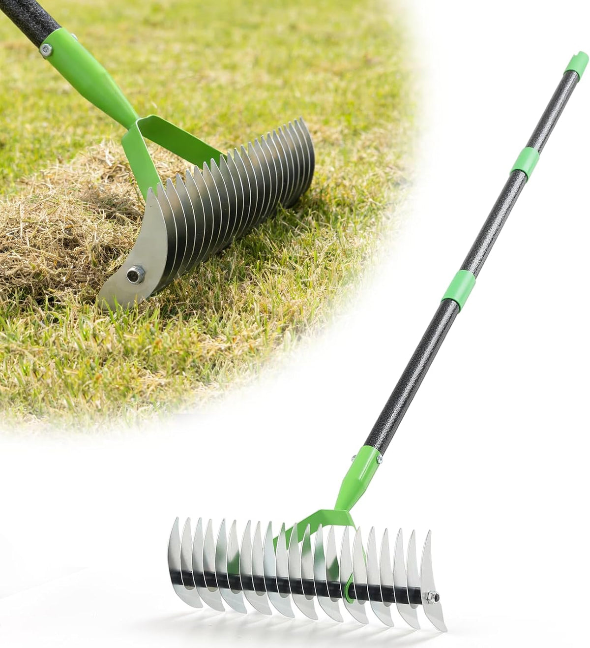 Rastrillo escarificador de doble acción - 21 púas, rastrillo de jardinería ajustable con mango largo de 55", rastrillo escarificador resistente, rastrillo para césped artificial, rastrillo de metal para el cuidado del césped en primavera, aireación del