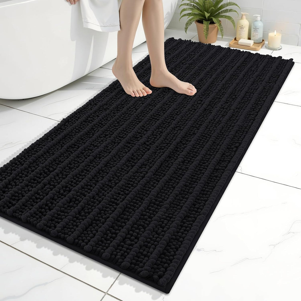 Alfombra de baño Arotive negra de chenilla, 47 x 24 pulgadas, suave y absorbente