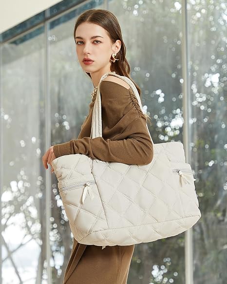 Bolsa acolchada para mujer, bolsa ligera acolchada con cremallera, bolsa de viaje, trabajo, enfermera, gimnasio (beige)