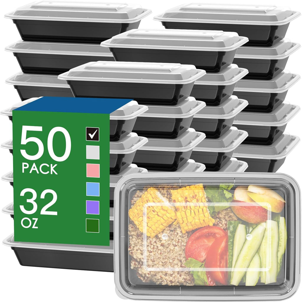ALGUNOS VIENE DOBLADOS-50 Pack (100 Piezas) Contenedores para Meal Prep 32 oz Reutilizables | Tapas de Facil Apertura | Hermeticos, Aptos Microondas, Congelador y Lavavajillas | Negro