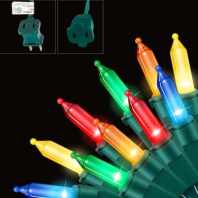 Guirnalda de luces multicolor de alambre verde de 19.6 pies, 100 luces incandescentes de Navidad (multicolor, 100 luces)