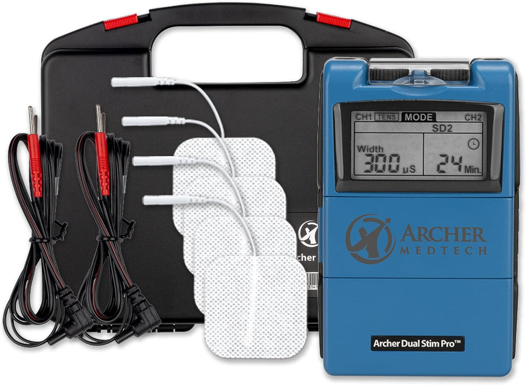 Unidad TENS robusta Archer MedTech Dual Stim Pro – Estimulador muscular EMS y máquina de terapia TENS con 24 modos – Máquina TENS de doble canal para alivio del dolor y recuperación muscular en casa.