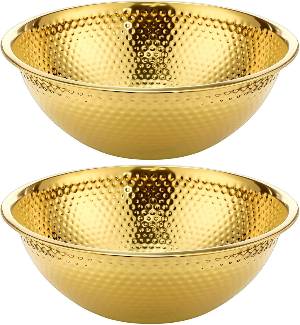 Acellegic 2 Tazones Dorados para Ensalada | Acero Inoxidable Martillado 13x4.3 pulgadas Redondos para Frutas, Sopa, Snacks y Fiestas