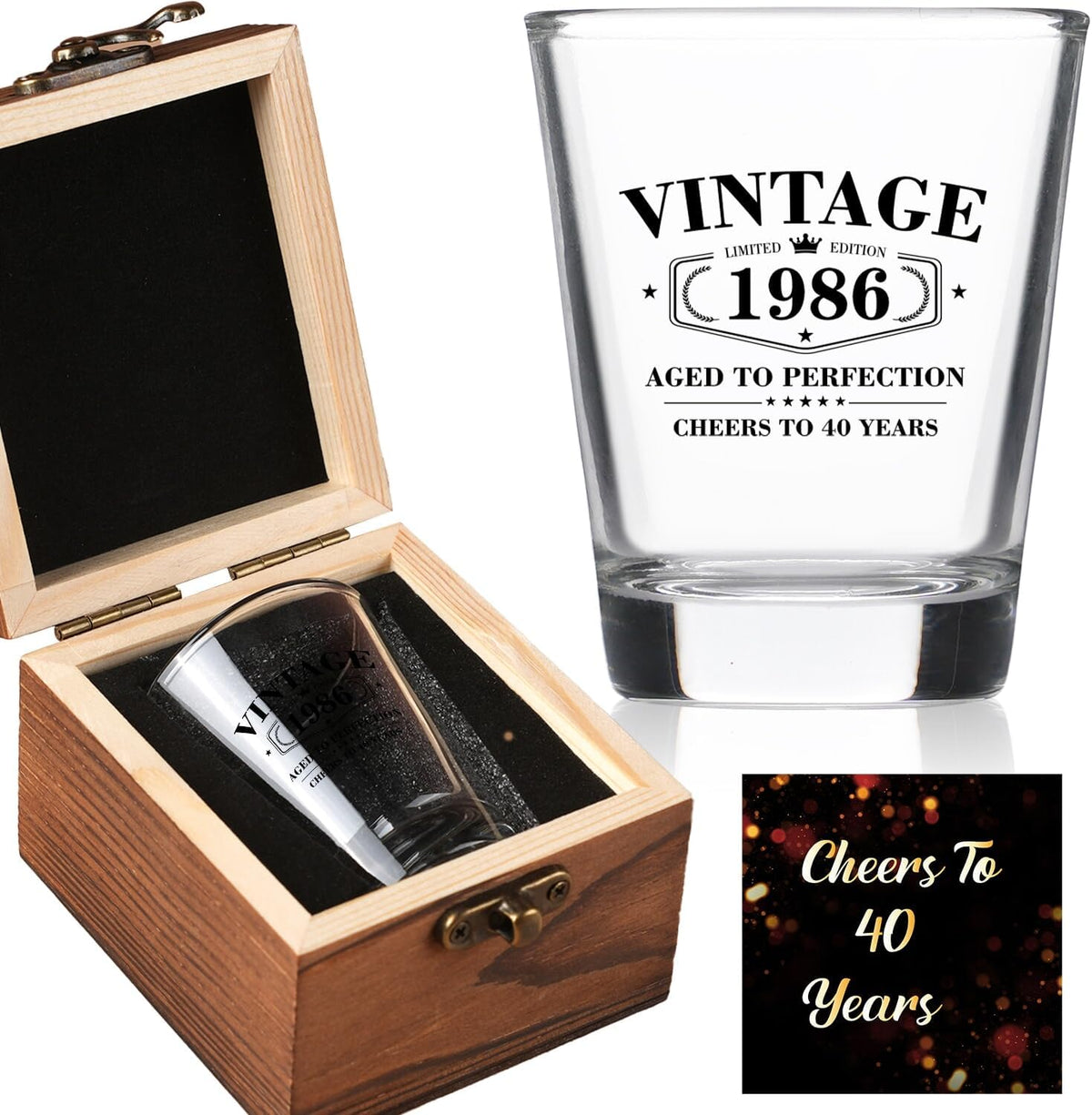 Vaso de Shot 40 Años – Edición Vintage 1986 con Caja de Madera | Regalo de Cumpleaños