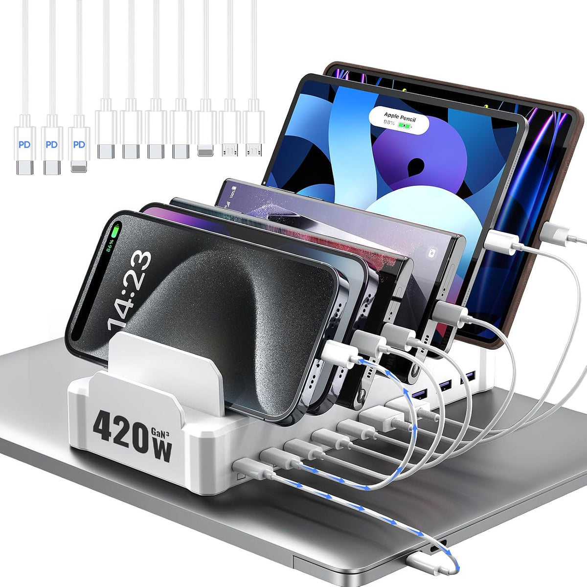Estación de Carga Zobirez 420W para Múltiples Dispositivos | 10 Puertos USB-C de Carga Rápida | Para MacBook, iPhone, Android, iPad y Tablet | Blanca