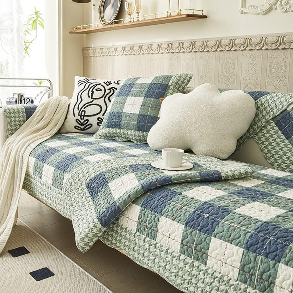 vctops Cotton Quilted Sofa Cover Farmhouse Green Plaid Sectional Couch Covers Non Slip Sofa Slipcover Furniture Protector for Dogs Pet Kids, 1 Piece/Not All Set (Type A,35"x94")