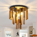 USADO-Lámpara de Techo Semiempotrada Boho Madera 3 Luces – Sensor de Movimiento, Roble y Negro, Casquillo E26