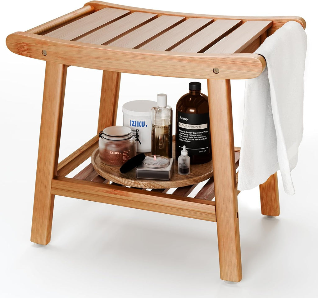 Banco de Ducha de Bambú con Estante – Taburete Impermeable tipo Spa para Baño y Adultos Mayores