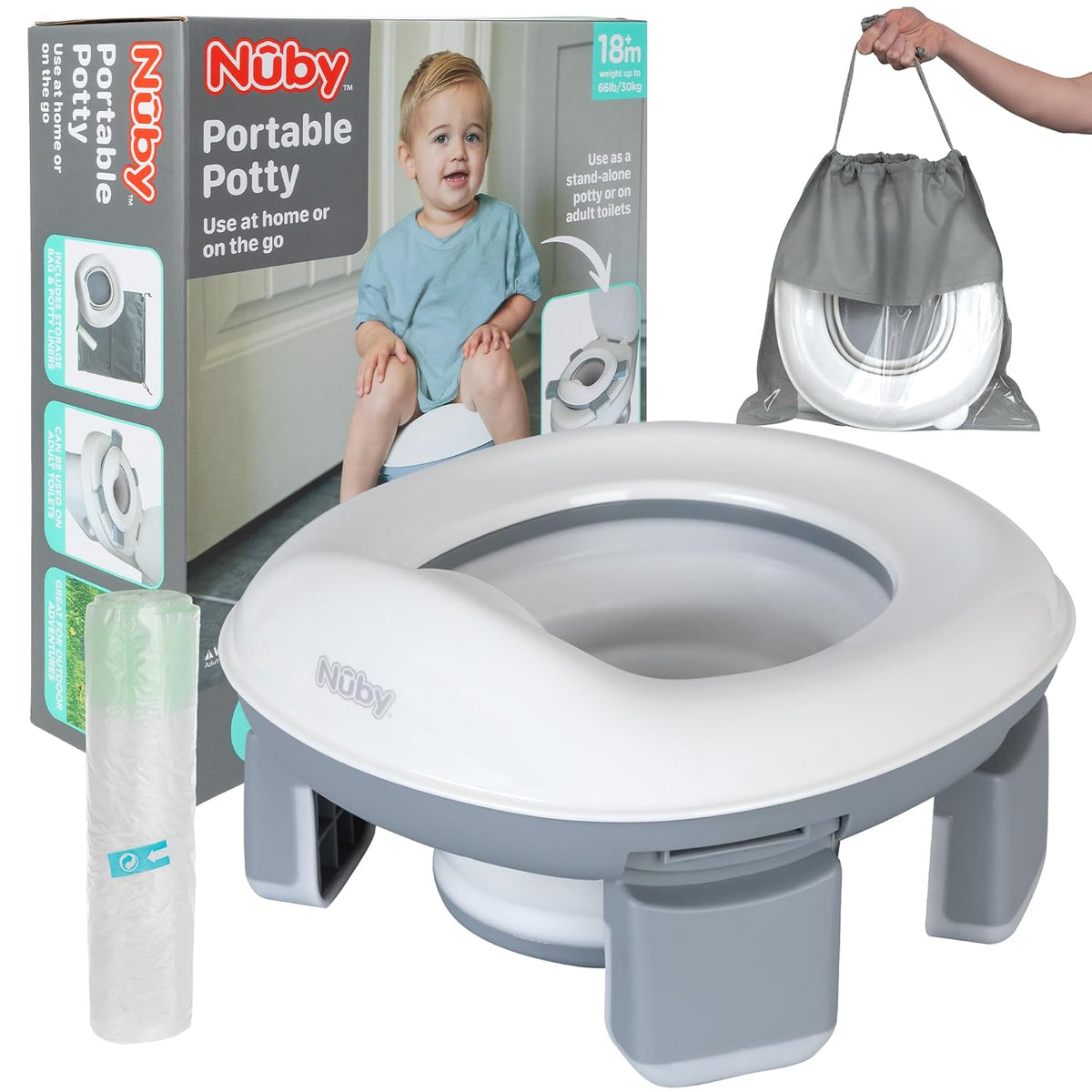 Asiento Orinal Portátil Nuby On-the-Go Plegable, Para Niños 18+ Meses Niñas Niños, Incluye Forros Desechables