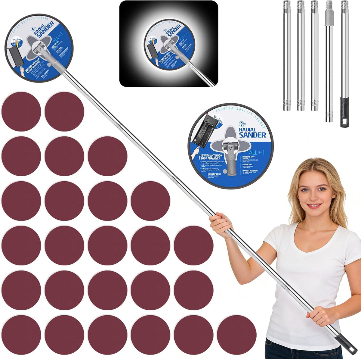 Lijadora de pared con pértiga LED, herramienta para eliminar techos de palomitas de maíz, lijadora de paredes para preparación de pintura, incluye 25 hojas de papel de lija, pértiga extensible ajustable, requiere pilas AA (no incluidas).