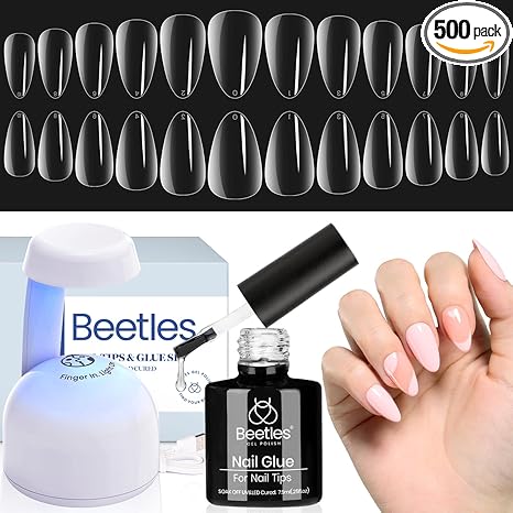 Kit de uñas de gel de almendra, 500 piezas, punta de gel de fácil extensión, forma de almendra corta, juego de extensión de pegamento de uñas 9 en 1, lámpara LED UV, kit de puntas postizas