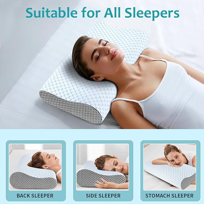 Almohada cervical de espuma viscoelástica, almohada refrescante de apoyo para el cuello para aliviar el dolor, almohada cervical ergonómica para dormir, almohada ortopédica de contorno para dormir de lado, espalda y boca abajo (azul y gris)