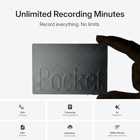 Pocket Grabadora de voz AI y asistente inteligente - Transcripción automática, resúmenes y elementos de acción - Tomador de notas AI para reuniones, llamadas y productividad - Gris espacial