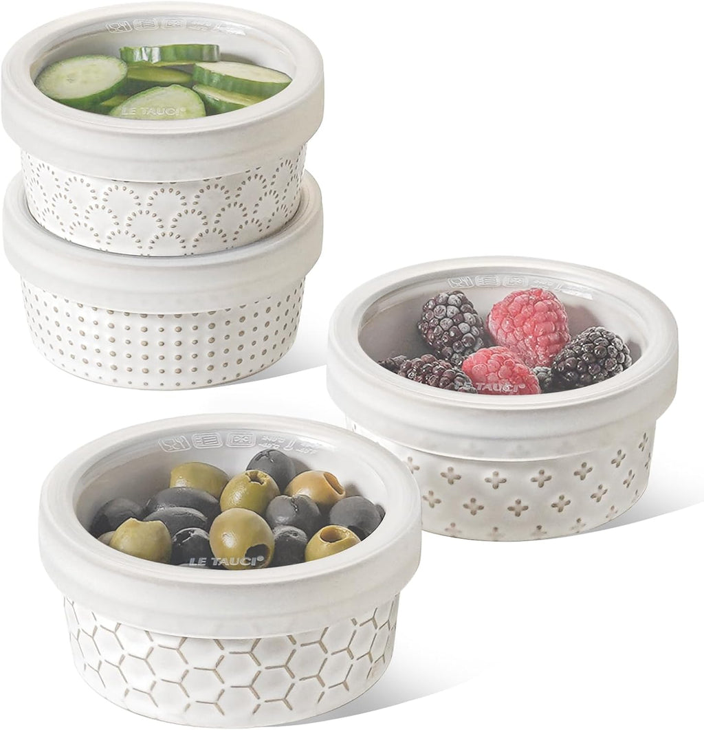 Recipientes individuales LE TAUCI aptos para horno con tapa, juego de 177 ml (6 oz) para crème brûlée, soufflé, salsas para mojar, recipientes de cerámica para almacenar alimentos, fuentes para hornear - 10,7 cm (4,2 pulgadas), juego de 4, blanco ártico