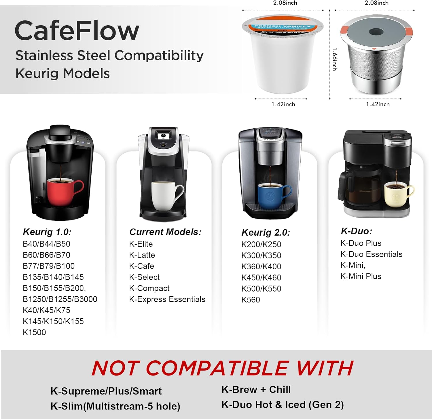 Noalto Tazas K reutilizables y cápsulas de café, tazas K universales de acero inoxidable para cafeteras Keurig 2.0 y 1.0 (paquete de 2)