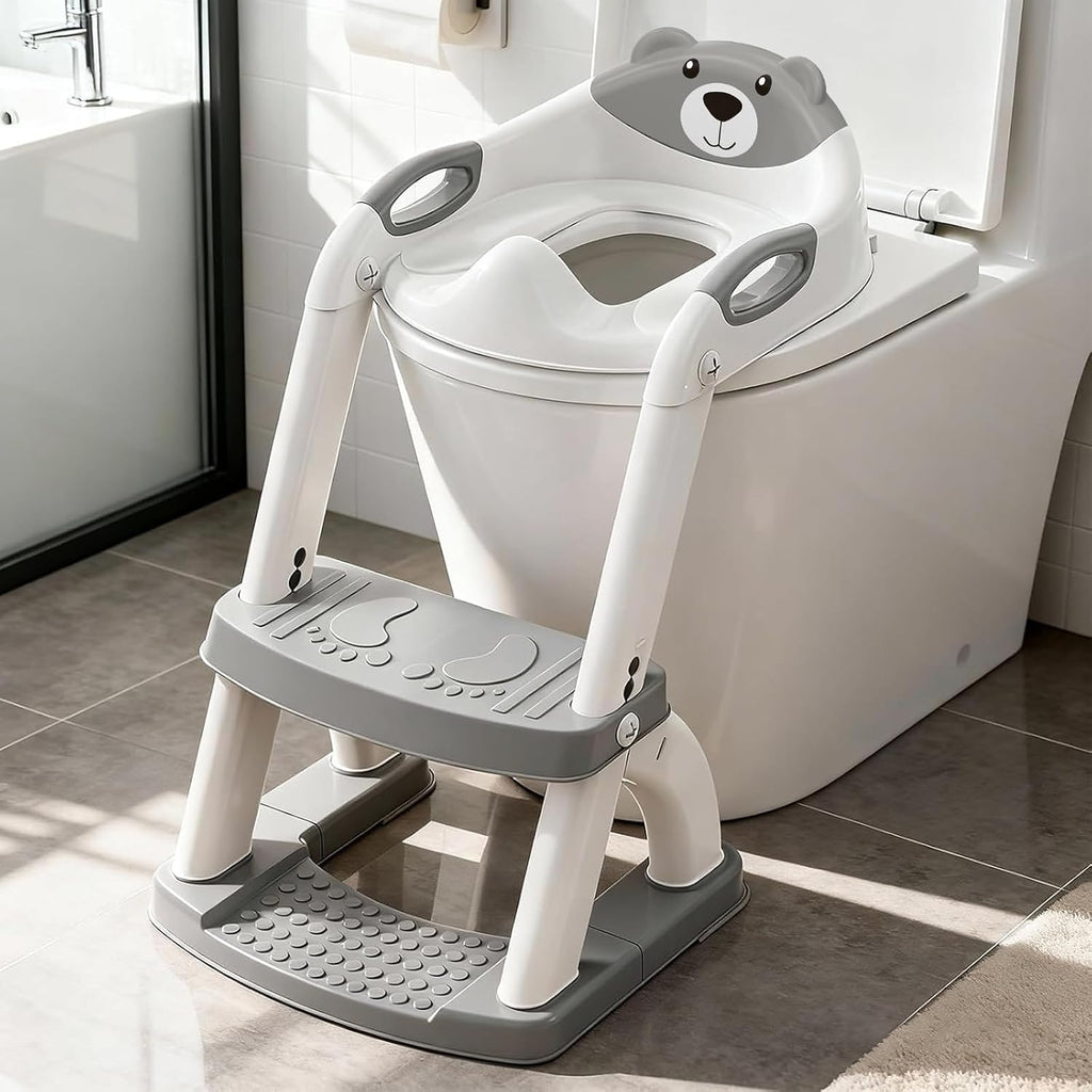 Asiento de entrenamiento para ir al baño, asiento de inodoro SKYROKU mejorado para niños y niñas, inodoro de entrenamiento 2 en 1, taburete con almohadilla antideslizante y protector contra salpicaduras, base estabilizada con forma de sector (8899+Gris)