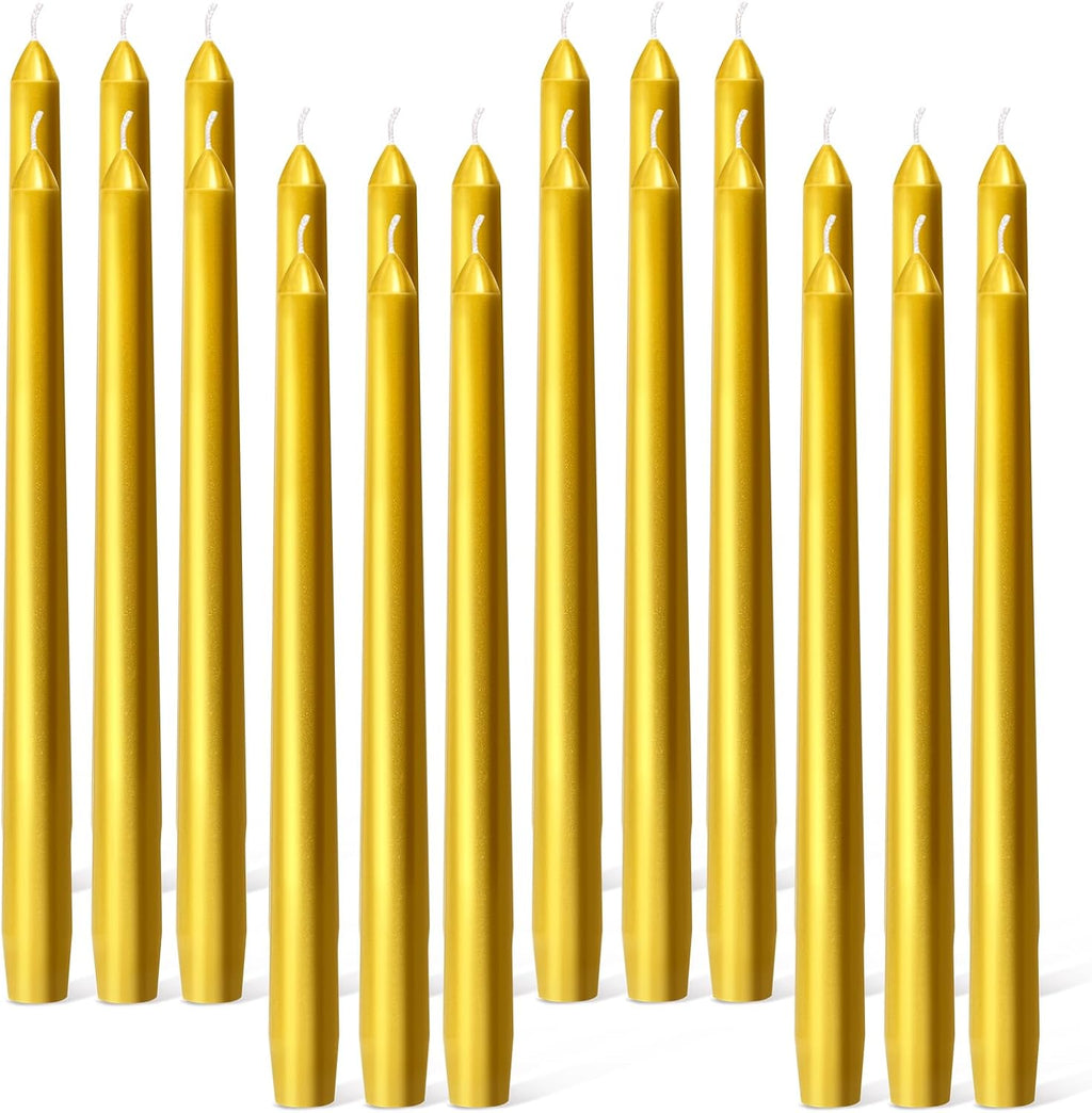 Everymoment Velas de Cera Conicas Doradas | Pack de 24 Velas de 25 cm | Sin Goteo ni Humo por 8 Horas | Cera de Parafina sin Aroma | Ideal para Bodas, Navidad y Decoracion de Lujo