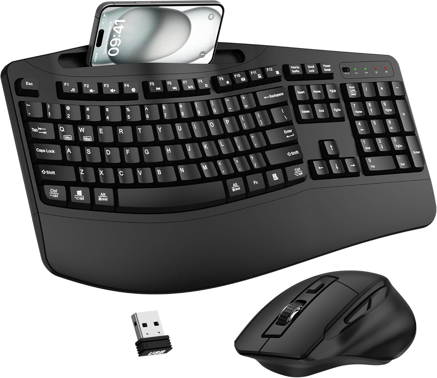 Wireless Ergonomic Keyboard & Mouse Combo - 2.4G - Wave Keys + Wrist Rest - Phone & Tablet Holder - 3-Level DPI Mouse - 33ft Range - Auto Sleep - Windows & Mac - Black