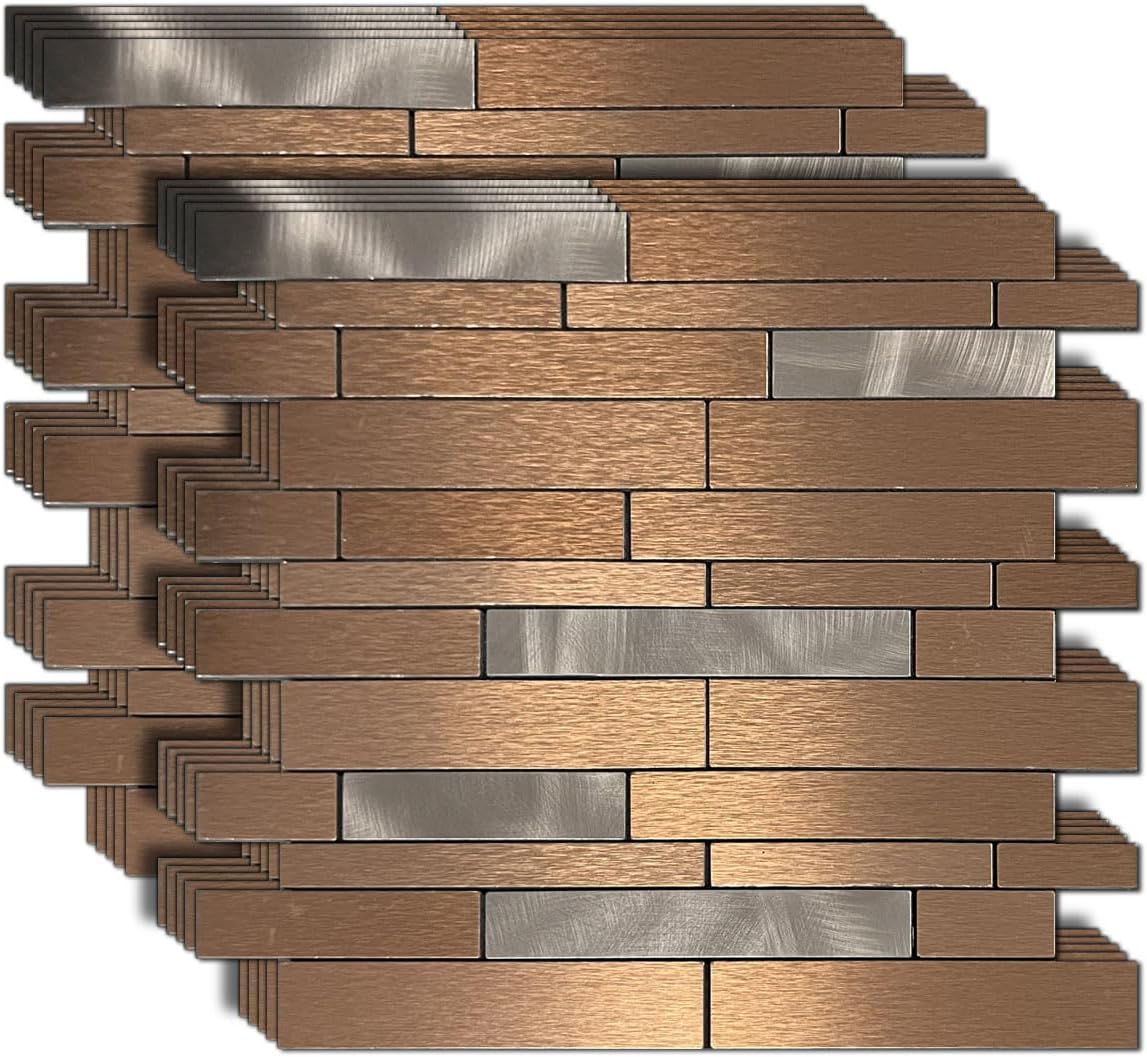 sanyeskkiy Azulejo autoadhesivo para salpicaderos, 10 láminas, PVC, metal mixto, adhesivo para cocina, tocadores de baño, decoración de chimenea, mesa de lavandería (11.3" x 11.7") (10, bronce)