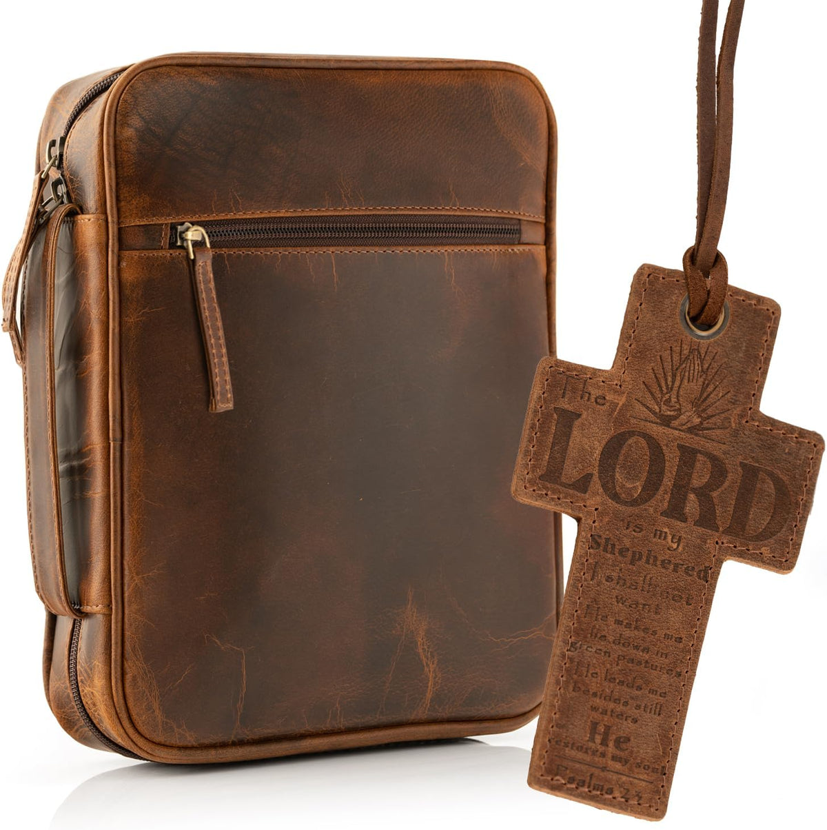 Funda de cuero ELIZO para Biblia, estuche para Biblia, estuche para Biblia, estuche para Biblia, estuche para mujer, soporte con cremallera, protector, cruz, bolso de mano, organizador, funda, regalo, estándar, marrón