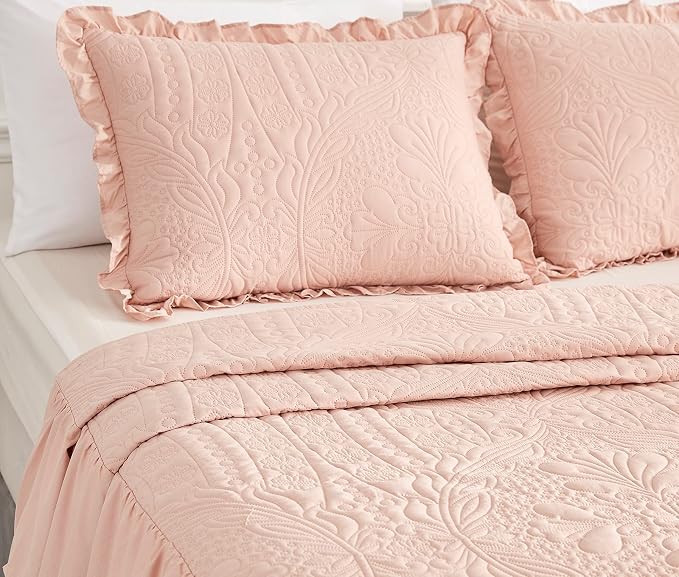 CHIXIN Colcha con Falda de Volantes Estilo Shabby Chic – Tamaño King, Caída 30 Pulgadas, Juego de 3 Piezas | Rosa Elegante