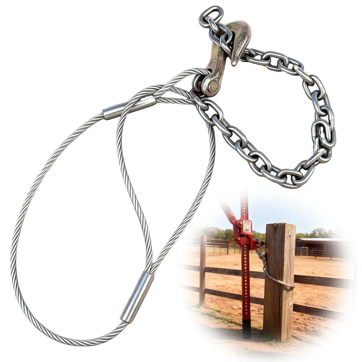 Herramienta para extraer postes de cerca, extractor de postes de cerca con cadena y cable de aviación, extractor de postes de madera que funciona con gato o palanca para extraer postes de 4x4, extractor de tocones resistente que ahorra esfuerzo para