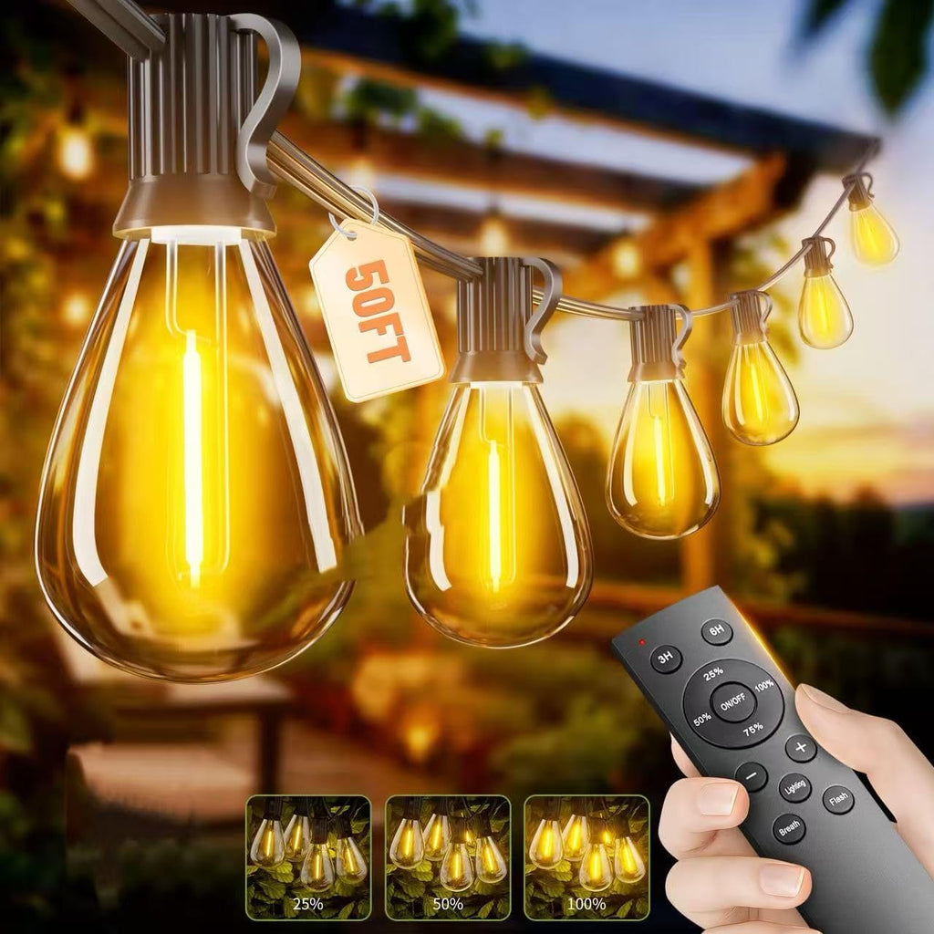 Sikitul Luces de Cadena para Exterior 50 pies | 18+1 Bombillas LED Irrompibles, Control Remoto Regulable, Impermeables Estilo Edison para Patio, Jardin y Pergola, Timer y 3 Modos