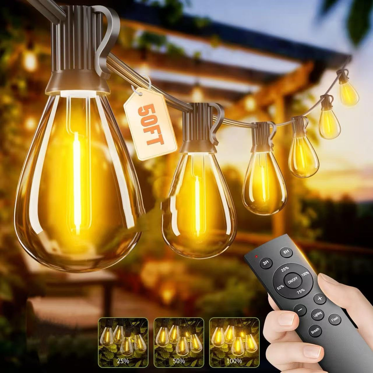 Sikitul Luces de Cadena para Exterior 50 pies | 18+1 Bombillas LED Irrompibles, Control Remoto Regulable, Impermeables Estilo Edison para Patio, Jardin y Pergola, Timer y 3 Modos