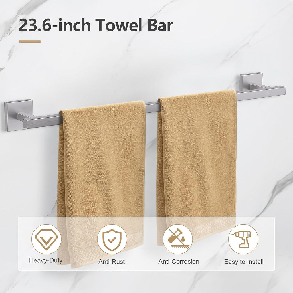 Juego de 5 piezas de accesorios de baño de níquel cepillado de 23.6 pulgadas, juego de toallero de acero inoxidable SUS304 montado en la pared, soporte cuadrado para papel higiénico con estante