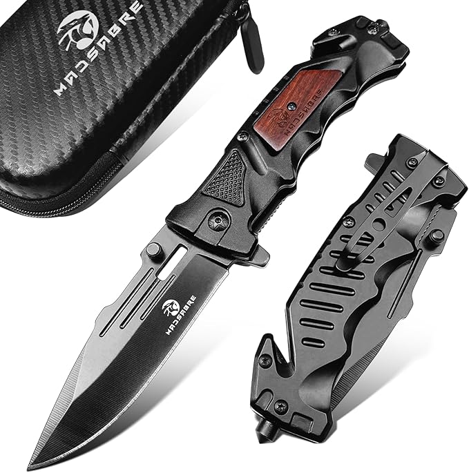 NO INCLUYE EL ESTUCHE – MADSABRE Navaja de bolsillo negra con clip, cuchillo de trabajo de 9.6 pulgadas, cuchillos plegables EDC con cortador de cinturón de seguridad y rompecristales, cuchillo plegable para supervivencia, campamento, senderismo