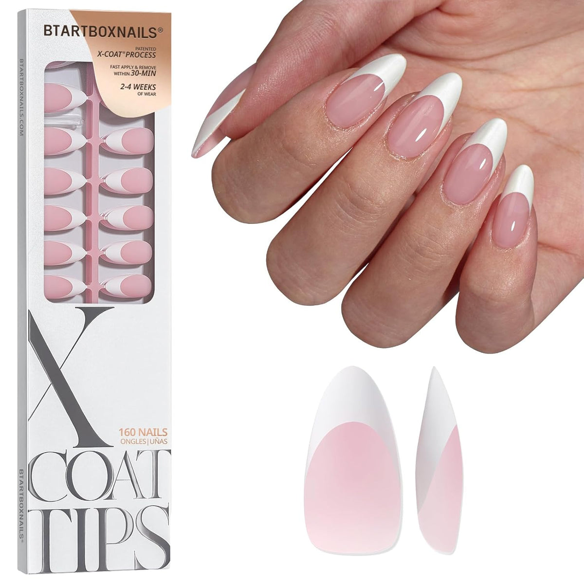 Uñas postizas blancas con punta francesa BTArtbox XCOATTIPS, forma almendrada media, color rosa.