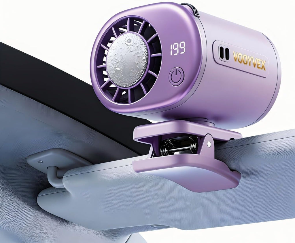 Ventilador de coche con clip y aire acondicionado con pantalla LED - Rotación de 360° Mini ventilador portátil con clip para cochecito Aire acondicionado personal con clip para camisa Escape silencioso recargable para cocina (morado)