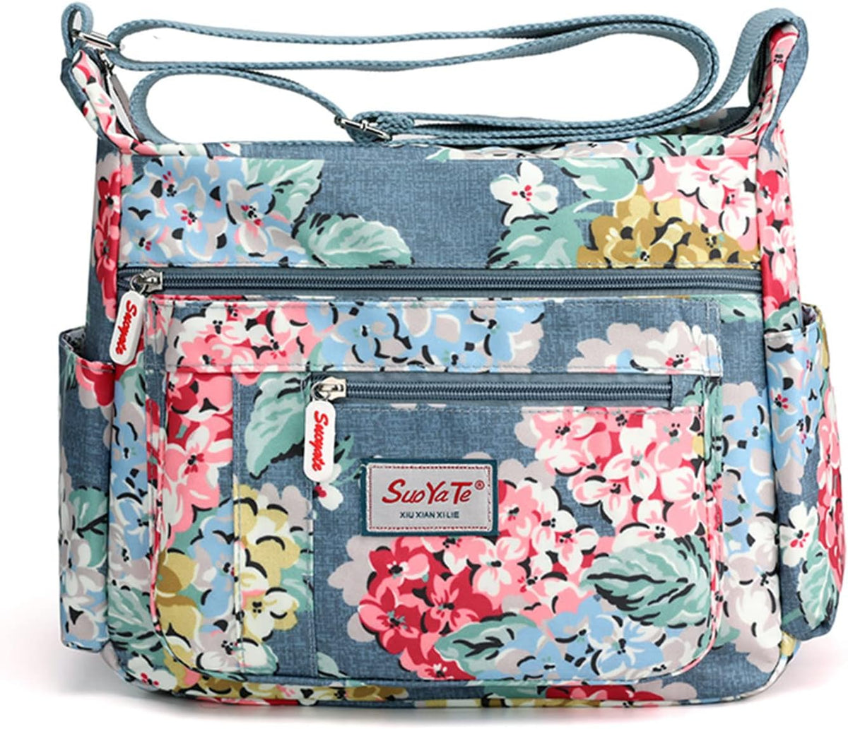 Bolso bandolera Wafybsre para mujer, bolso de mensajero de nailon con múltiples bolsillos, bolso de hombro ligero para viajes (ramo azul)