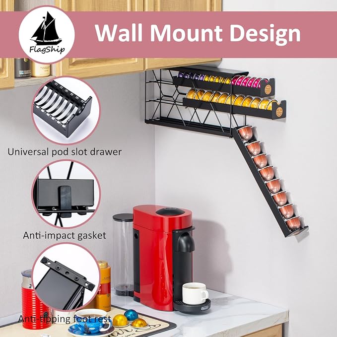 FlagShip Soporte para cápsulas Nespresso de 3 niveles y organizador de cápsulas de café Vertuo, almacenamiento de metal negro que ahorra espacio con capacidad para más de 30 cápsulas