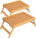 Bandeja de desayuno con patas plegables (juego de 2), mesa auxiliar de cama de bambú de 40 cm (15,7"), bandeja plegable para TV con asas ergonómicas onduladas para cama, sofá, desayuno, aperitivos, café, color natural.