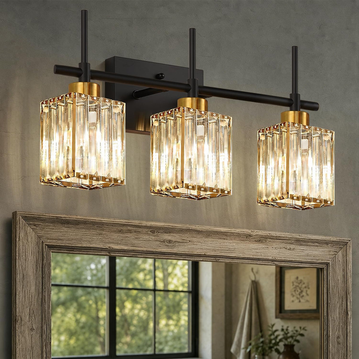 Color negro - Lámpara de tocador Torondo de 3 luces para baño, con cristal y detalles dorados