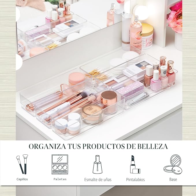 STORi SimpleSort Juego de 6 organizadores de cajones transparentes apilables | Bandejas rectangulares de 9 x 3 x 2 pulgadas | Contenedores estrechos de almacenamiento de maquillaje y separadores