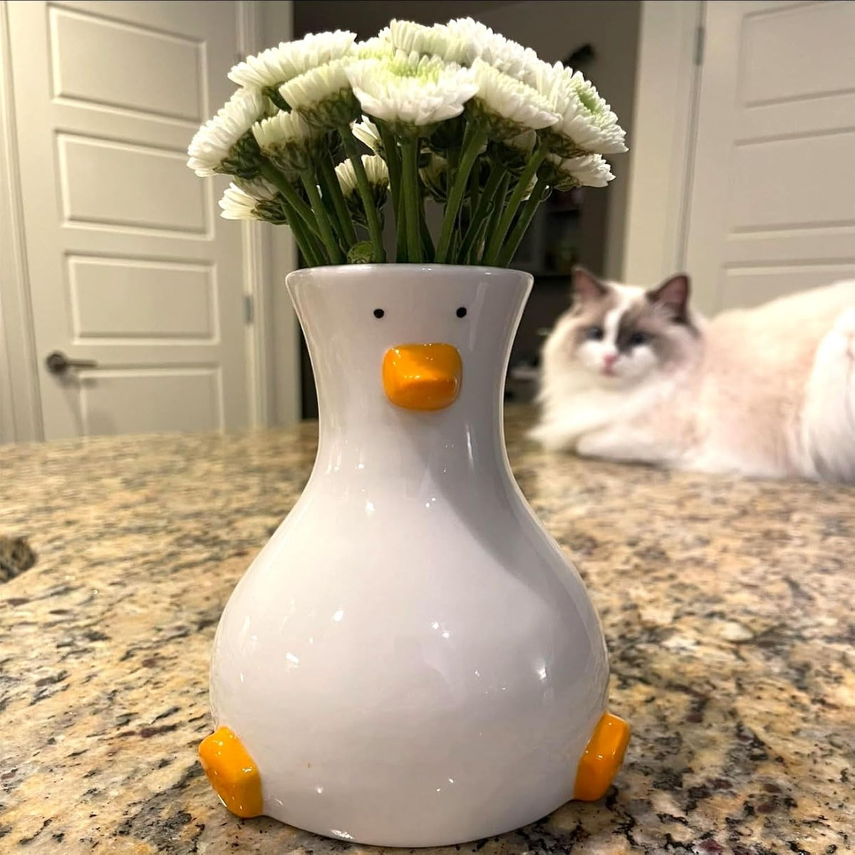 Jarrón de cerámica artesanal MOUGIGI con diseño de pato - Jarrón blanco moderno con un diseño único de pato - Decoración de mesa redonda y estética - Jarrón artístico original y moderno