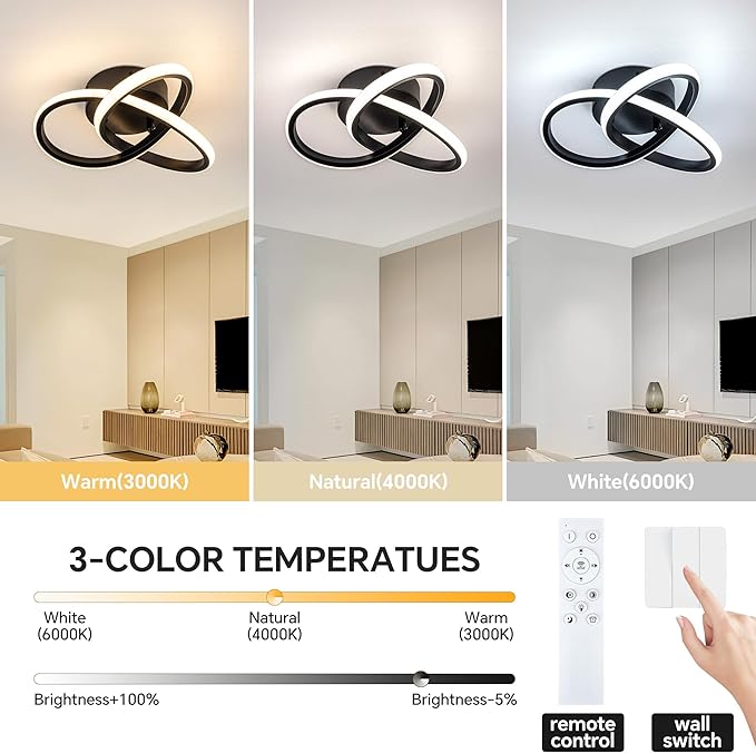Lámpara de techo moderna de 10 pulgadas, lámpara de techo regulable LED de 24 W con control remoto, temperatura de color ajustable de 3000 a 6000 K, lámpara pequeña negra para dormitorio