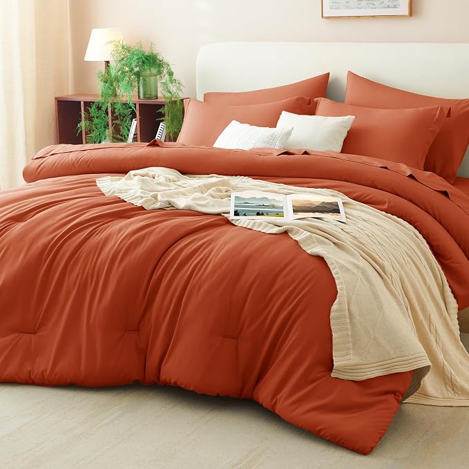 Juego de Edredón Queen Color Naranja Quemado, 7 Piezas Bed in a Bag Tamaño Queen con Sábanas, Juegos de Cama Color Terracota con Edredón de Alternativa al Plumón, Sábanas, Fundas Decorativas