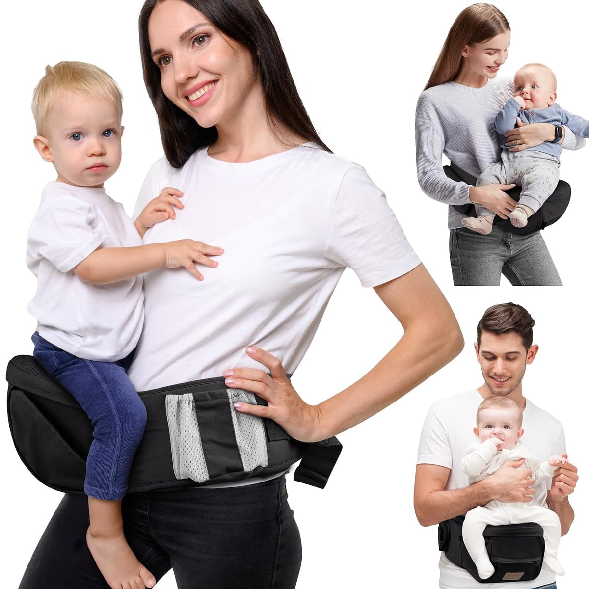 Cargador Ergónomico de Cadera para Bebé - Ajustable con Soporte Abdominal 3D, Negro