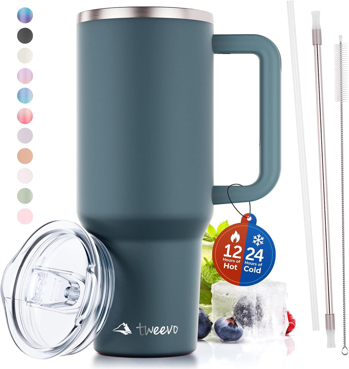 tweevo Vaso Termico 40 oz con Asa y Pajilla | Acero Inoxidable de Doble Pared al Vacio con Tapa | Antisudoracion, Libre de BPA, Apto Lavavajillas Carbon