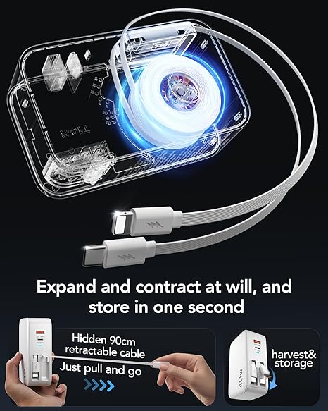 Cargador USB C retráctil de pared con cables tipo C de 35.5 pulgadas, carga rápida de 40 W, cargador múltiple de bloque plegable para todos los dispositivos para iPhone 17/16/15/14/13/12, iPad, galaxia, píxeles