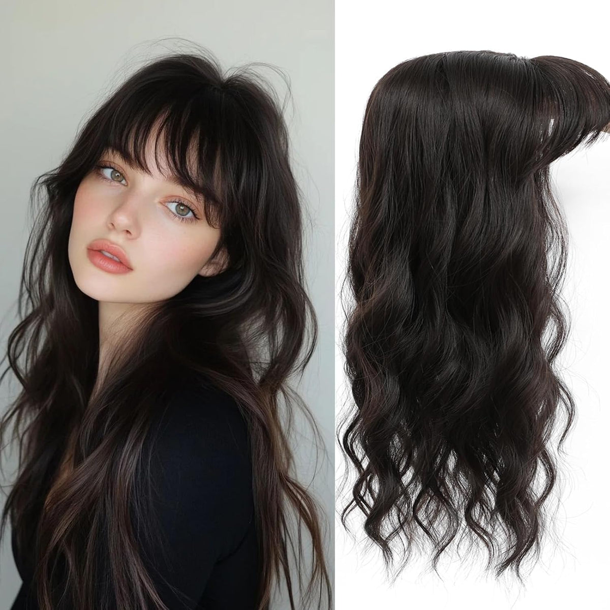 Prótesis Capilar Hair Topper con Base Grande 360° 3D | Para Mujeres con Coronilla Escasa | 20 pulgadas Ondulado con Fleco y Clip de Raya Francesa