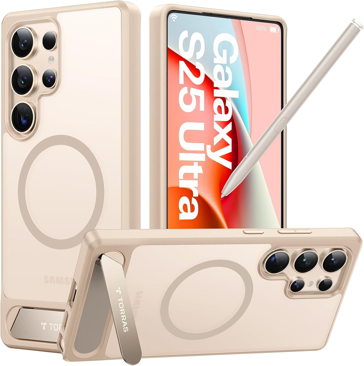 Soporte magnético fuerte y sin costuras TORRAS para la funda del Samsung Galaxy S25 Ultra, compatible con MagSafe, protección contra caídas de grado militar, soporte para la funda del Samsung Galaxy S25 Ultra, parte trasera translúcida/borde dorado
