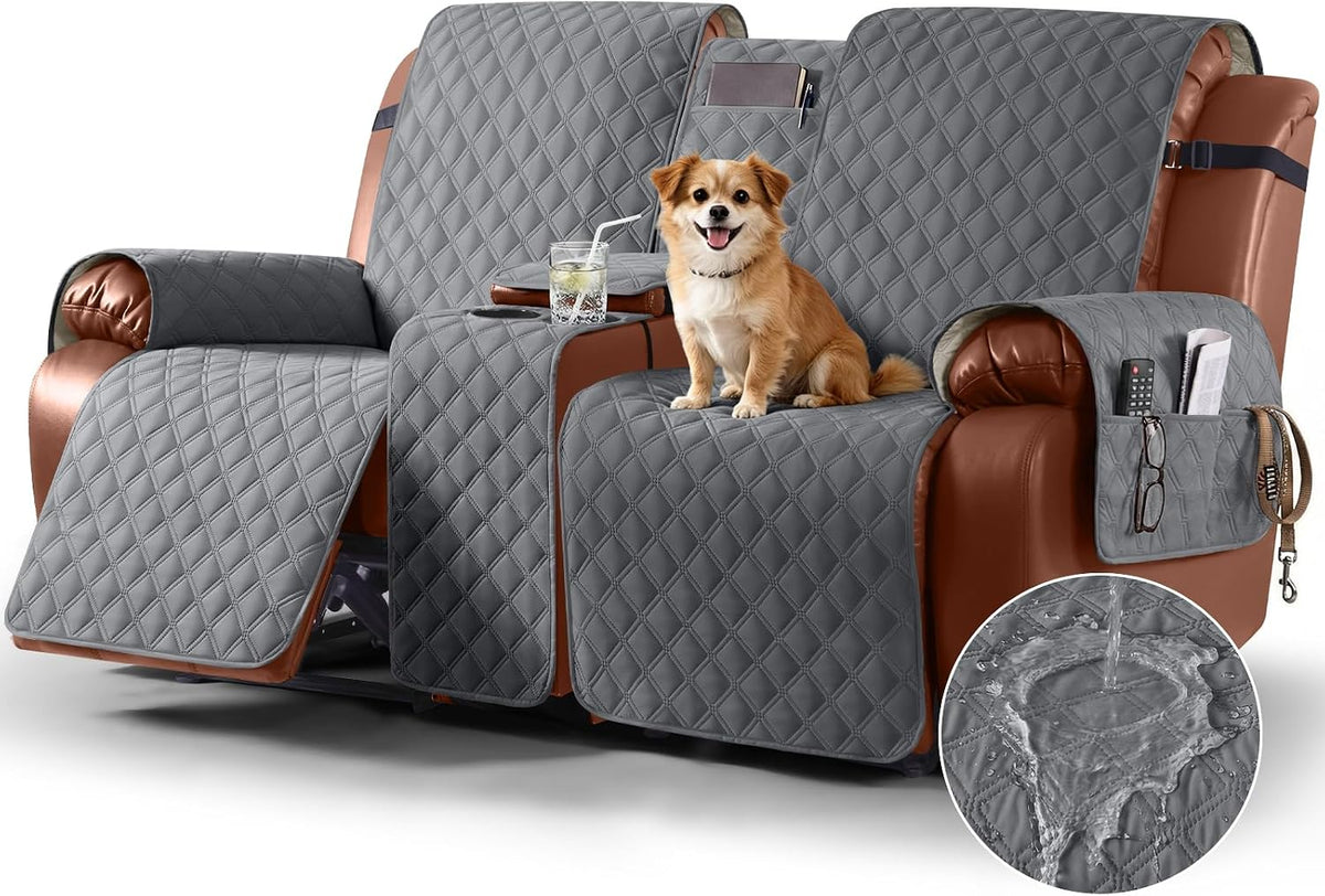 Funda Impermeable para Sofa Reclinable de 2 Puestos con Consola, Gris Oscuro