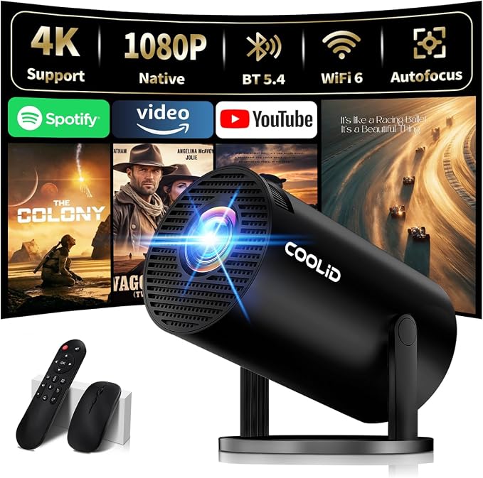 Mini Proyector Portátil 4K 1080P — WiFi 6, Bluetooth 5.4, Corrección Automática, Rotación 180°, Apps Integradas, Color Negro
